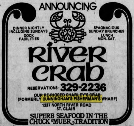 River Crab Blue Water Inn (Stew Cunninghams Fishermans Wharf) - June 1975 Ad (newer photo)